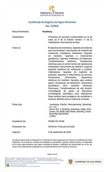 Huazheng Electric registrou com sucesso sua marca registrada na Colômbia